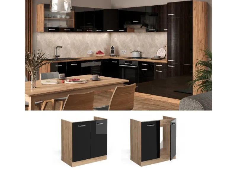 Vicco Spülenunterschrank R-Line Schwarz Hochglanz/Goldkraft Eiche 80 cm AP Eiche< Küchenschränke