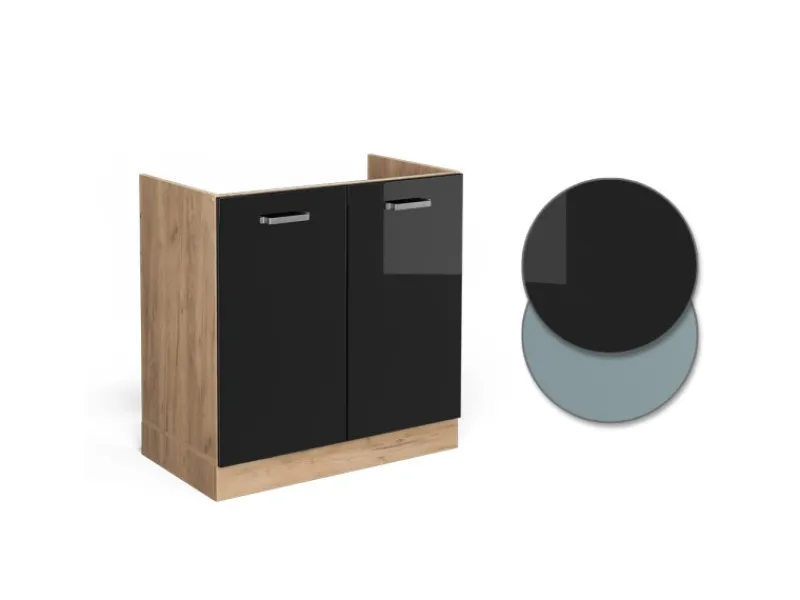 Vicco Spülenunterschrank R-Line Schwarz Hochglanz/Goldkraft Eiche 80 cm AP Eiche< Küchenschränke