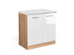 Vicco Spülenunterschrank R-Line Hochglanz/Goldkraft Eiche 80 cm AP Marmor< Küchenschränke