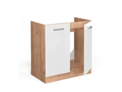 Vicco Spülenunterschrank R-Line Hochglanz/Goldkraft Eiche 80 cm AP Marmor< Küchenschränke