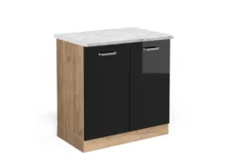 Outlet Vicco Spülenunterschrank R-Line Schwarz Hochglanz/Goldkraft Eiche 80 cm AP Marmor Schwarz Glänzend