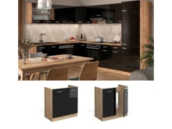 Outlet Vicco Spülenunterschrank R-Line Schwarz Hochglanz/Goldkraft Eiche 80 cm AP Marmor Schwarz Glänzend