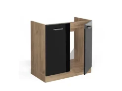 Outlet Vicco Spülenunterschrank R-Line Schwarz Hochglanz/Goldkraft Eiche 80 cm AP Marmor Schwarz Glänzend