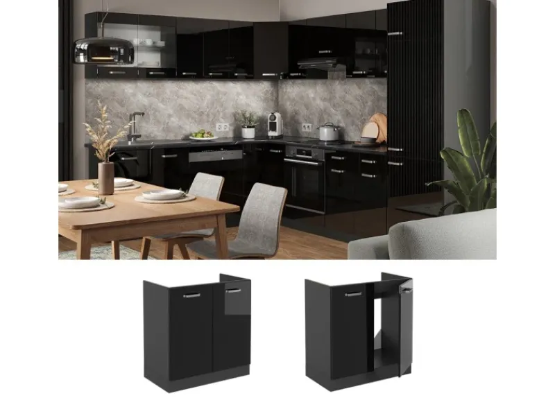 Vicco Spülenunterschrank R-Line Schwarz Hochglanz/Anthrazit 80 cm AP Marmor< Küchenschränke