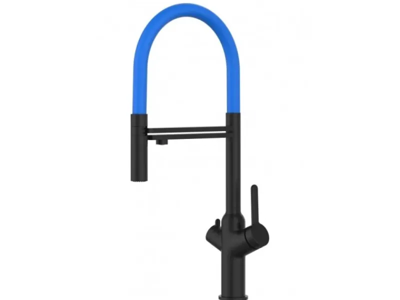 VIZIO 3 Wege Wasserhahn Küchenarmatur BOD mit 360° Schwenkbarem Auslauf Abnehmbare 2 Strahl Handbrause Schwarz Matt Hellblau< Einhebelmischer