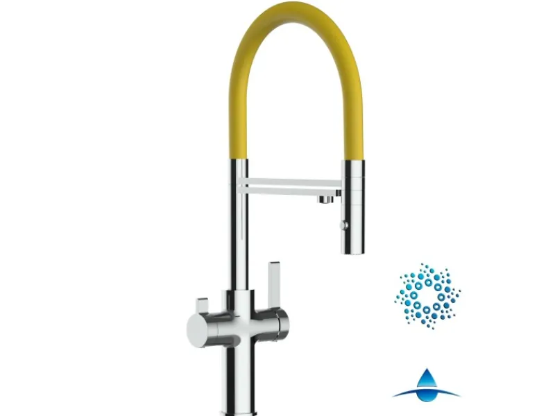 Best VIZIO 4 Wege Wasserhahn Küchenarmatur FC mit 360° Schwenkbarem Auslauf Abnehmbare 2 Strahl Handbrause Verchromt Gelb