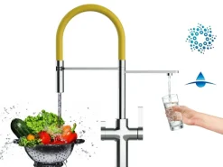 Best VIZIO 4 Wege Wasserhahn Küchenarmatur FC mit 360° Schwenkbarem Auslauf Abnehmbare 2 Strahl Handbrause Verchromt Gelb