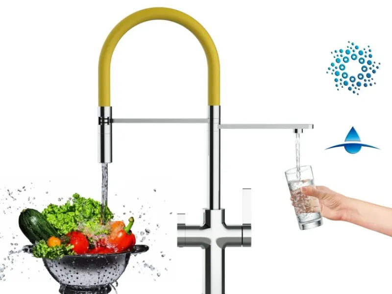 Best VIZIO 4 Wege Wasserhahn Küchenarmatur FC mit 360° Schwenkbarem Auslauf Abnehmbare 2 Strahl Handbrause Verchromt Gelb