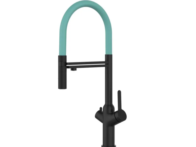 VIZIO 4 Wege Wasserhahn Küchenarmatur BOD mit 360° Schwenkbarem Auslauf Abnehmbare 2 Strahl Handbrause Schwarz Matt Türkis< Einhebelmischer