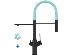 VIZIO 4 Wege Wasserhahn Küchenarmatur BOD mit 360° Schwenkbarem Auslauf Abnehmbare 2 Strahl Handbrause Schwarz Matt Türkis< Einhebelmischer