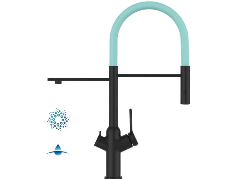VIZIO 4 Wege Wasserhahn Küchenarmatur BOD mit 360° Schwenkbarem Auslauf Abnehmbare 2 Strahl Handbrause Schwarz Matt Türkis< Einhebelmischer