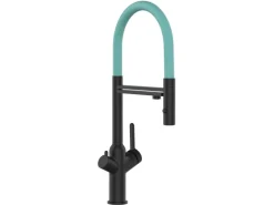 VIZIO 4 Wege Wasserhahn Küchenarmatur BOD mit 360° Schwenkbarem Auslauf Abnehmbare 2 Strahl Handbrause Schwarz Matt Türkis< Einhebelmischer