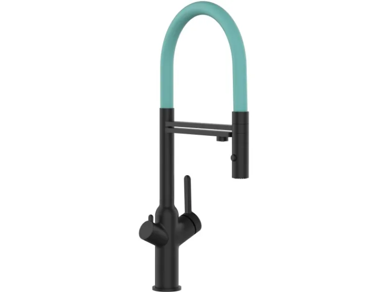VIZIO 4 Wege Wasserhahn Küchenarmatur BOD mit 360° Schwenkbarem Auslauf Abnehmbare 2 Strahl Handbrause Schwarz Matt Türkis< Einhebelmischer