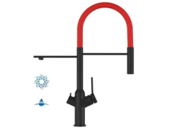 VIZIO 4 Wege Wasserhahn Küchenarmatur BOD mit 360° Schwenkbarem Auslauf Abnehmbare 2 Strahl Handbrause Schwarz Matt Rot< Einhebelmischer