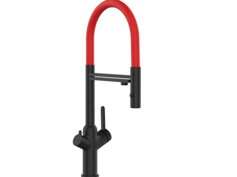 VIZIO 4 Wege Wasserhahn Küchenarmatur BOD mit 360° Schwenkbarem Auslauf Abnehmbare 2 Strahl Handbrause Schwarz Matt Rot< Einhebelmischer