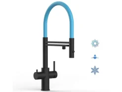 Einhebelmischer<VIZIO 5 Wege Wasserhahn Küchenarmatur Edelstahl Massiv mit 360° Schwenkbarem Auslauf Abnehmbare 2 Strahl Handbrause PVD Schwarz Matt   Hellblau