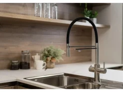 Einhebelmischer<VIZIO 5 Wege Wasserhahn Küchenarmatur Edelstahl Massiv mit 360° Schwenkbarem Auslauf Abnehmbare 2 Strahl Handbrause Gebürstet   Schwarz