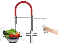 Einhebelmischer<VIZIO 3 Wege Wasserhahn Küchenarmatur FC mit 360° Schwenkbarem Auslauf Abnehmbare 2 Strahl Handbrause Verchromt   Rot