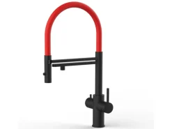 Einhebelmischer<VIZIO 5 Wege Wasserhahn Küchenarmatur Edelstahl Massiv mit 360° Schwenkbarem Auslauf Abnehmbare 2 Strahl Handbrause PVD Schwarz Matt   Rot