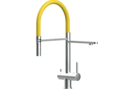 Einhebelmischer<VIZIO 3 Wege Wasserhahn Küchenarmatur Edelstahl Massiv mit 360° Schwenkbarem Auslauf Abnehmbare 2 Strahl Handbrause Gebürstet Gelb