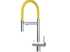 Einhebelmischer<VIZIO 3 Wege Wasserhahn Küchenarmatur Edelstahl Massiv mit 360° Schwenkbarem Auslauf Abnehmbare 2 Strahl Handbrause Gebürstet   Gelb