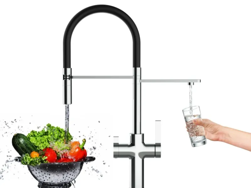 VIZIO 3 Wege Wasserhahn Küchenarmatur FC mit 360° Schwenkbarem Auslauf Abnehmbare 2 Strahl Handbrause Verchromt Schwarz< Einhebelmischer