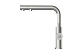 Einhebelmischer<VIZIO 3 Wege Wasserhahn Küchenarmatur Edelstahl Massiv mit Schwenkbarem L Auslauf und Herausziehbarer Brause Gebürstet