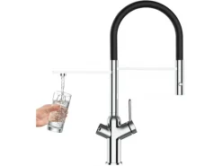 Best VIZIO 3 Wege Wasserhahn Küchenarmatur BOD mit 360° Schwenkbarem Auslauf Abnehmbare 2 Strahl Handbrause Verchromt Schwarz