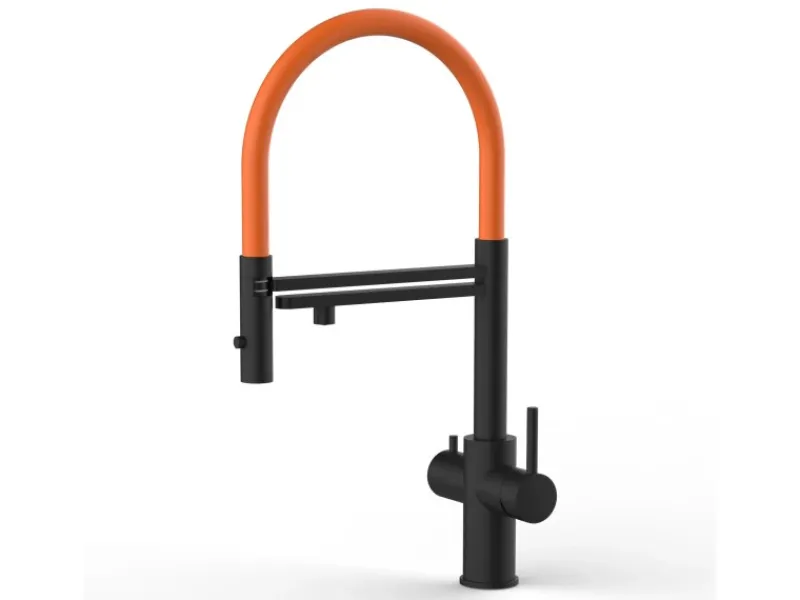VIZIO 5 Wege Wasserhahn Küchenarmatur Edelstahl Massiv mit 360° Schwenkbarem Auslauf Abnehmbare 2 Strahl Handbrause PVD Schwarz Matt Orange< Einhebelmischer