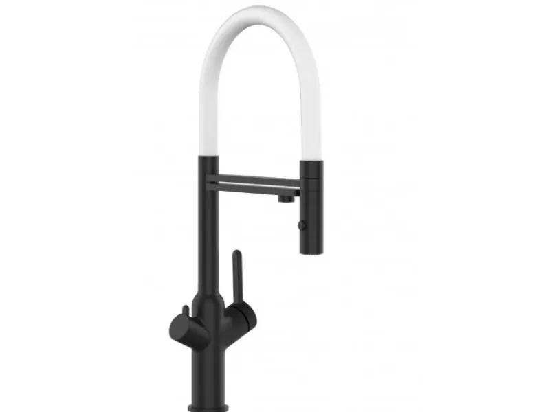 VIZIO 3 Wege Wasserhahn Küchenarmatur BOD mit 360° Schwenkbarem Auslauf Abnehmbare 2 Strahl Handbrause Schwarz Matt Weiß< Einhebelmischer