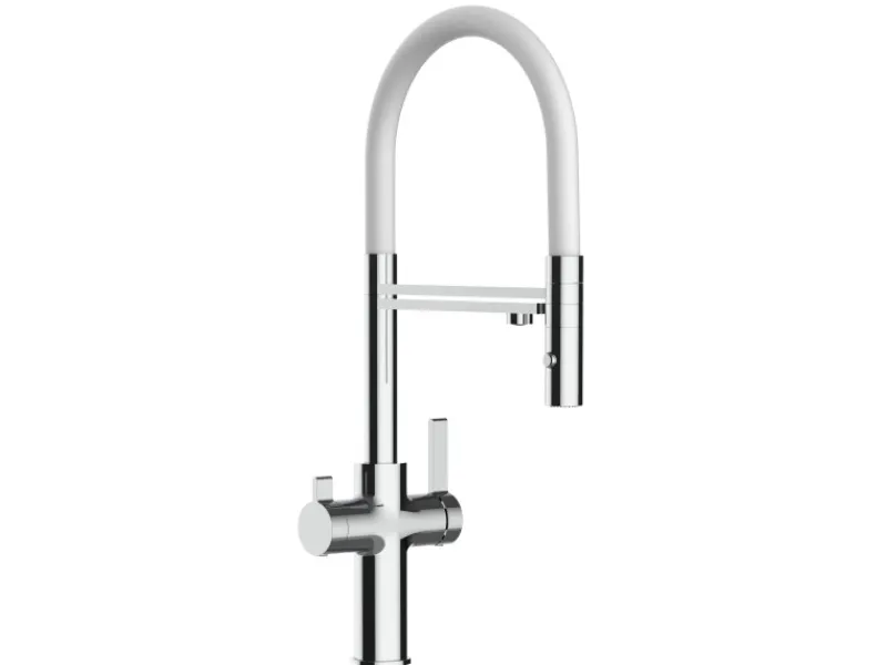 VIZIO 4 Wege Wasserhahn Küchenarmatur FC mit 360° Schwenkbarem Auslauf Abnehmbare 2 Strahl Handbrause Verchromt Weiß< Einhebelmischer