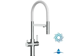 VIZIO 4 Wege Wasserhahn Küchenarmatur FC mit 360° Schwenkbarem Auslauf Abnehmbare 2 Strahl Handbrause Verchromt Weiß< Einhebelmischer