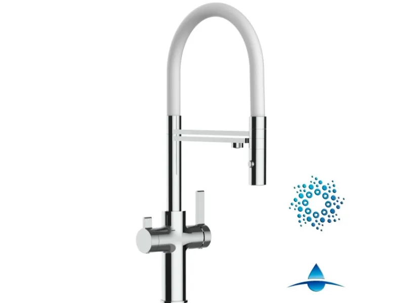 VIZIO 4 Wege Wasserhahn Küchenarmatur FC mit 360° Schwenkbarem Auslauf Abnehmbare 2 Strahl Handbrause Verchromt Weiß< Einhebelmischer