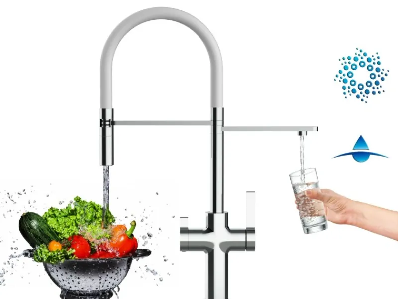VIZIO 4 Wege Wasserhahn Küchenarmatur FC mit 360° Schwenkbarem Auslauf Abnehmbare 2 Strahl Handbrause Verchromt Weiß< Einhebelmischer