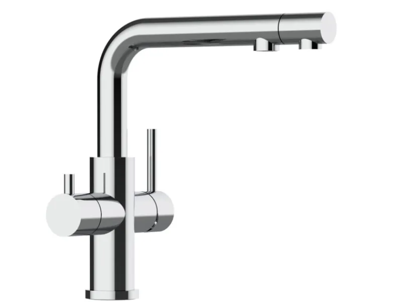 VIZIO 4 Wege Wasserhahn Küchenarmatur Edelstahl Massiv mit Schwenkbarem L Auslauf und Herausziehbarer Brause Hochglanz< Einhebelmischer
