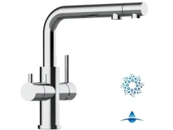 VIZIO 4 Wege Wasserhahn Küchenarmatur Edelstahl Massiv mit Schwenkbarem L Auslauf und Herausziehbarer Brause Hochglanz< Einhebelmischer