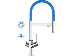 Einhebelmischer<VIZIO 4 Wege Wasserhahn Küchenarmatur BOD mit 360° Schwenkbarem Auslauf Abnehmbare 2 Strahl Handbrause Verchromt Blau