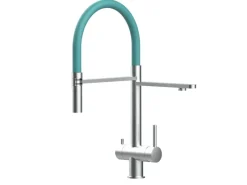 Einhebelmischer<VIZIO 3 Wege Wasserhahn Küchenarmatur Edelstahl Massiv mit 360° Schwenkbarem Auslauf Abnehmbare 2 Strahl Handbrause Gebürstet Türkis