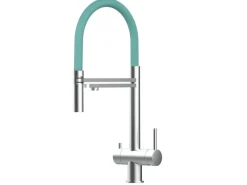 Einhebelmischer<VIZIO 3 Wege Wasserhahn Küchenarmatur Edelstahl Massiv mit 360° Schwenkbarem Auslauf Abnehmbare 2 Strahl Handbrause Gebürstet   Türkis
