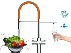Einhebelmischer<VIZIO 4 Wege Wasserhahn Küchenarmatur FC mit 360° Schwenkbarem Auslauf Abnehmbare 2 Strahl Handbrause Verchromt   Orange