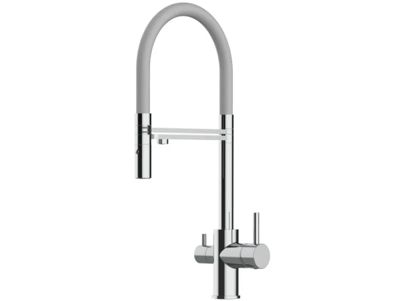 VIZIO 3 Wege Wasserhahn Küchenarmatur FL mit 360° Schwenkbarem Auslauf Abnehmbare 2 Strahl Handbrause Verchromt Grau< Einhebelmischer
