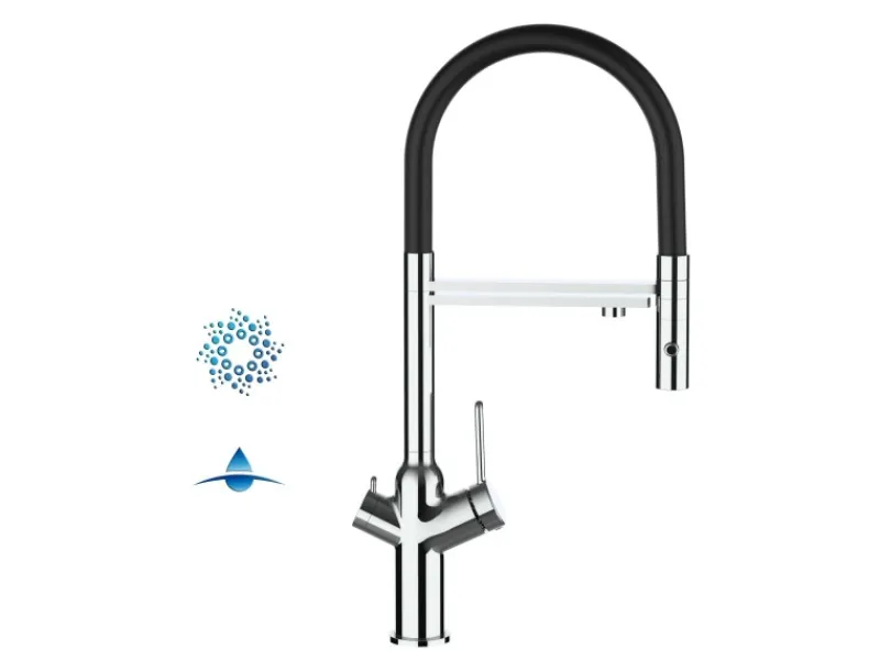 Einhebelmischer<VIZIO 4 Wege Wasserhahn Küchenarmatur BOD mit 360° Schwenkbarem Auslauf Abnehmbare 2 Strahl Handbrause Verchromt Schwarz