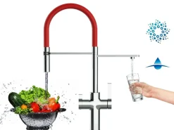 Online VIZIO 4 Wege Wasserhahn Küchenarmatur FC mit 360° Schwenkbarem Auslauf Abnehmbare 2 Strahl Handbrause Verchromt Rot