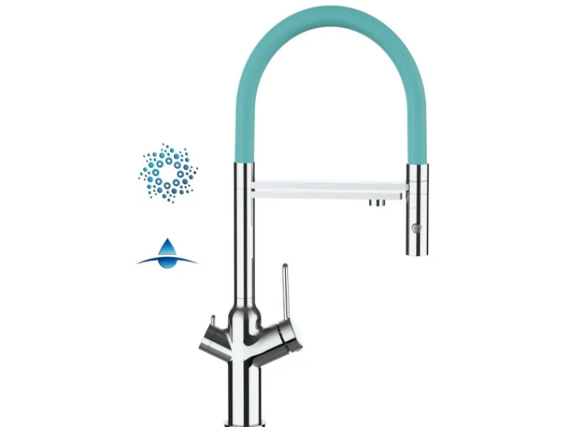 Discount VIZIO 4 Wege Wasserhahn Küchenarmatur BOD mit 360° Schwenkbarem Auslauf Abnehmbare 2 Strahl Handbrause Verchromt Türkis