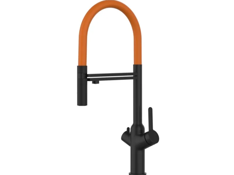 Einhebelmischer<VIZIO 4 Wege Wasserhahn Küchenarmatur BOD mit 360° Schwenkbarem Auslauf Abnehmbare 2 Strahl Handbrause Schwarz Matt Orange