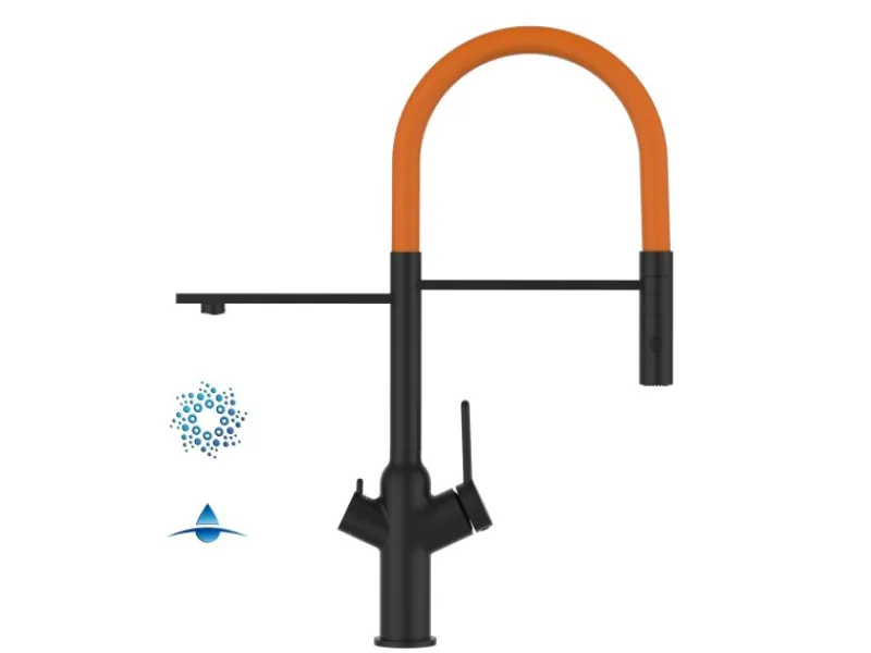 Einhebelmischer<VIZIO 4 Wege Wasserhahn Küchenarmatur BOD mit 360° Schwenkbarem Auslauf Abnehmbare 2 Strahl Handbrause Schwarz Matt Orange