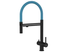 Einhebelmischer<VIZIO 3 Wege Wasserhahn Küchenarmatur Edelstahl Massiv mit 360° Schwenkbarem Auslauf und Abnehmbare 2 Strahl Handbrause PVD Schwarz Matt   Hellblau