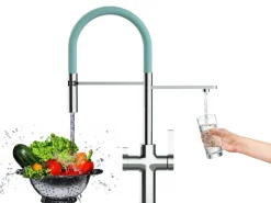 Einhebelmischer<VIZIO 3 Wege Wasserhahn Küchenarmatur FC mit 360° Schwenkbarem Auslauf Abnehmbare 2 Strahl Handbrause Verchromt   Türkis