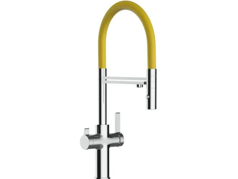 VIZIO 3 Wege Wasserhahn Küchenarmatur FC mit 360° Schwenkbarem Auslauf Abnehmbare 2 Strahl Handbrause Verchromt Gelb< Einhebelmischer