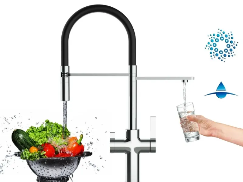 Discount VIZIO 4 Wege Wasserhahn Küchenarmatur FC mit 360° Schwenkbarem Auslauf Abnehmbare 2 Strahl Handbrause Verchromt Schwarz